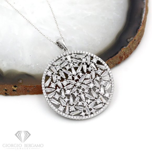 925 Sterling Silver Scattered Baguette Disc Pendant, Micro Pave Cubic Zirconia - Picture 1 of 3